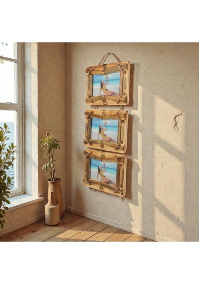 El Yapımı Doğal Ahşap 3 Lü Bambu Bamboo Fotoğraf Çerçevesi Dekoratif Ev Ofis Hediyesi Duvar Süsü - 5