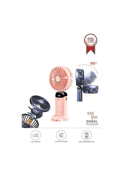 Torima F-19 Pembe Dijital Ekranlı Şarjlı 90 Derece Ayarlanabilir Başlıklı Mini Masa Fan Vantilatör