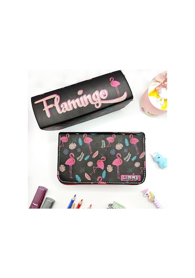 Simli Işıltılı Flamingo Siyah Kalem Kutusu Vegan Deri Kalemkutu Üç Bölmeli Kalemlik -pembe