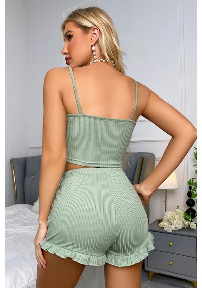 Merry See Dantelli Askılı Crop Üst Ve Fırfır Paça Mini Şortlu Pijama Takım Yeşil