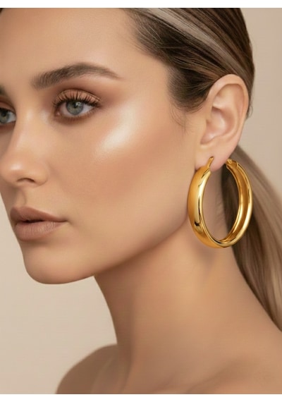 Halka Model Gold Renk Çelik Küpe 5cm Altın