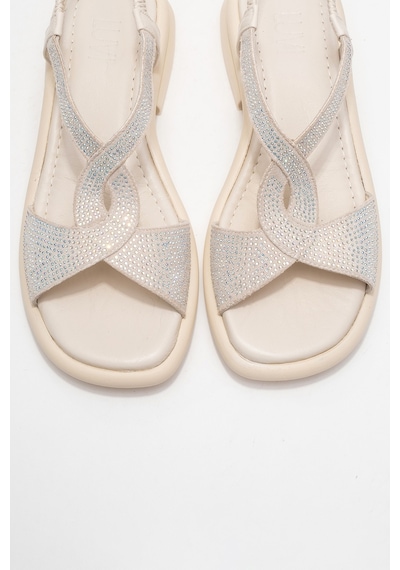 Luvishoes Aurora Ekru Hakiki Deri Taşlı Kadın Sandalet Ekru