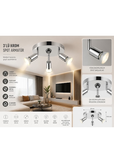 3'lü Krom Spot Armatür GU10 Duy Metal Tavan Spotu Modern Salon Aydınlatması (Ampul Hariç)