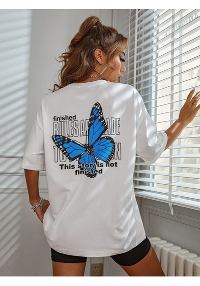 Flood Of Style Kadın Beyaz Kelebek Baskılı Oversize
