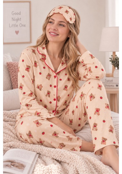 Free Beka Krem Ayıcık Desenli Biye Detaylı Kadın Uzun Kollu Pijama Takımı