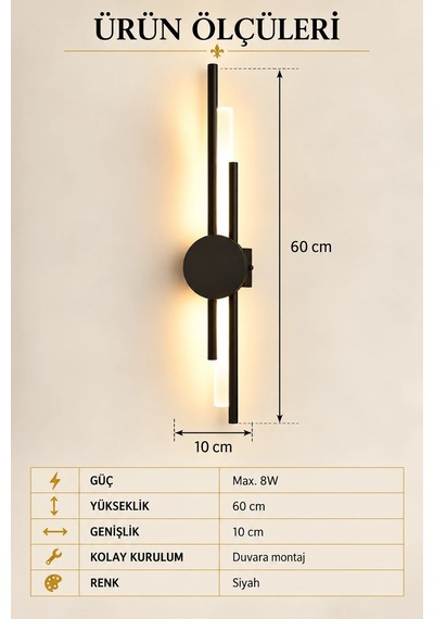 Premıum Modern Siyah Silindir Led Aplik 3 Renk Dekoratif Duvar Aydınlatması 8w 60 Cm
