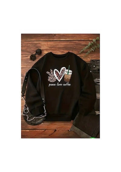 Medinenur Peace Love Baskılı 2 İplik Şardonlu Bisiklet Yaka Swatshirt Siyah