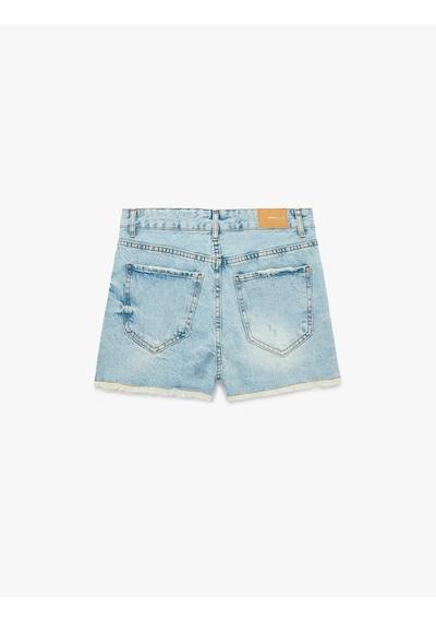Koton Yıpratma Detaylı Pamuklu Rahat Kalıp Mini Denim Şort Açık İndigo 6sal40031md