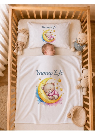 Pia Baby Erkek Bebek Tulum Seti İsim Baskılı %100 Pamuk Yastık Kılıfı Ve Battaniye 1109tyb3x Ekru