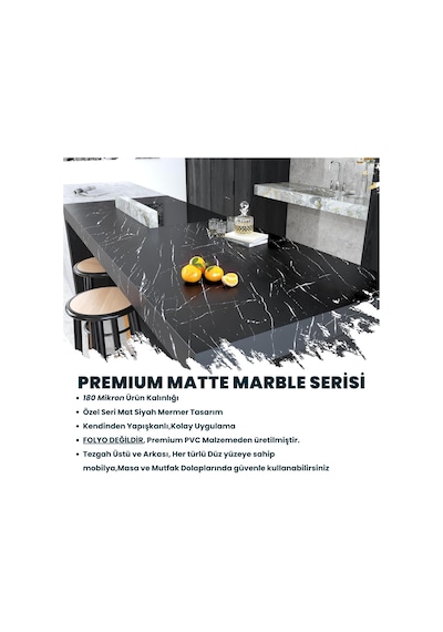 Technosmart 60x300cm Mat Mermer Desenli Kendinden Yapışkanlı Duvar Kağıdı Kaplama Mutfak Masa Folyo Siyah