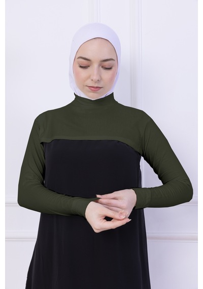 Loggia Balıkçı Yaka Boyunluklu Kolluk Haki Yeşil - Likralı Dik Yakalı Kadın Body Tesettür Crop Bolero Haki