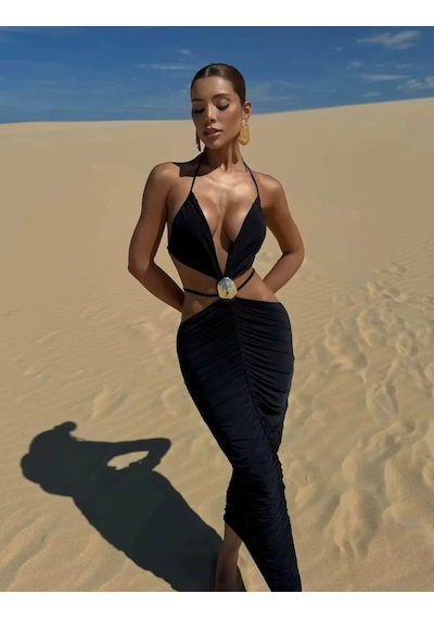 Pink Life Siyah Sandy Kumaş Toka Det.dekolteli Midi Elbise Siyah