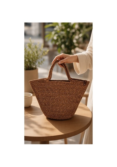 Nakkaş Home Collection Jüt Kadın Çanta Hasır Görünümlü Omuz Çantası, Plaj Ve Günlük Kullanım-kahverengi-40x27 Cm