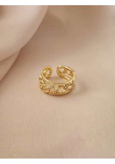 Gurmet Zincir Model Zirkon Taşlı Ayarlanabilir Gold Altın Renkli Yüzük Gold