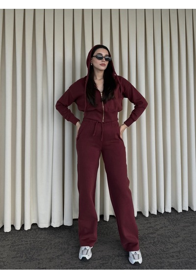 Laluvia Bordo %100 Pamuk Kapüşonlu Fitilli Takım - 51232 Bordo