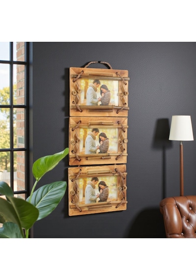 El Yapımı Doğal Ahşap 3 Lü Bambu Bamboo Fotoğraf Çerçevesi Dekoratif Ev Ofis Hediyesi Duvar Süsü -10