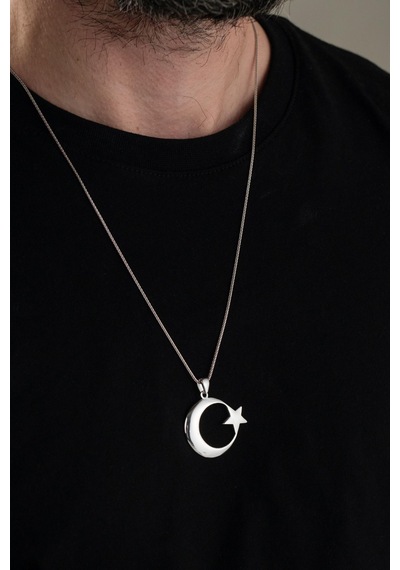 32 Mm Gümüş Ay Yıldız Bayrak Erkek Kolye Gümüş