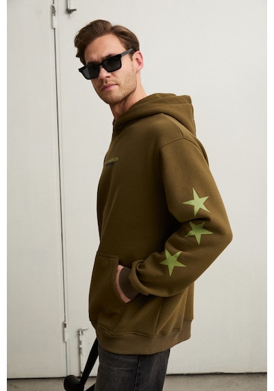 Grimelange Tuxon Erkek Yumuşacık İçi Polarlı Baskı Detaylı Kangru Cepli Regular Haki Sweatshirt Haki