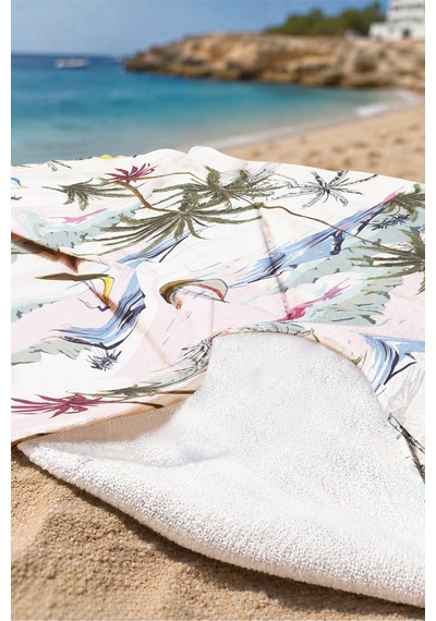 Tropikal Palmiye Deniz Manzaralı Plaj Havlusu - Pastel Akdeniz Marine Havuz Mikrofiber Havlu Bulut Zeytin