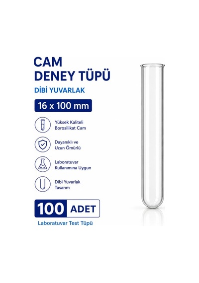 16x100 Mm Cam Deney Tüpü Dibi Yuvarlak 100 Adet Laboratuvar Test Tüpü