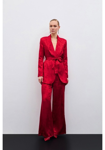 Sateen Bol Paça Desenli Pantolon - Kırmızı-135711 Kırmızı
