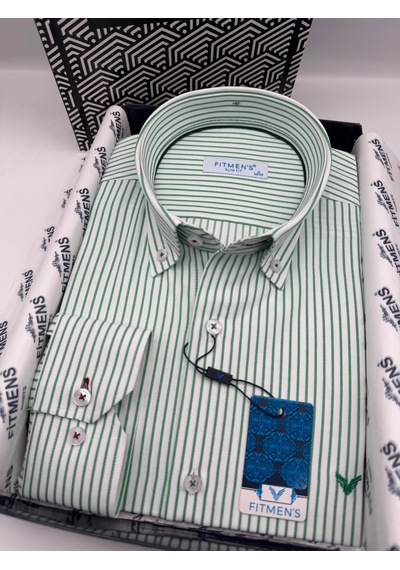 Slim Fit Uzun Kol Premium Çizgili Yaka Düğmeli Hediye Kutulu Erkek Gömlek Fs-004440 - Yeşil-3174