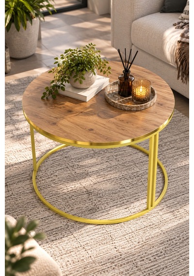 Sulorahome Ceviz Desenli Yuvarlak Orta Sehpa Gold Metal Ayaklı 70 Cm Altın - Ceviz Sulorahome Ceviz Desenli Yuvarlak Orta Sehpa Gold Metal Ayaklı 70 Cm Altın - Ceviz