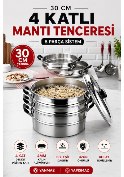 Buharlı Alüminyum Mantı Tenceresi 30 Cm 4 Katlı Özbek Kazak Mantı Pişirme Tenceresi Gri