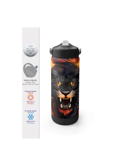 Coral High Siyah Aslan Desenli Katlanır Ağızlıklı Çelik Termos 650 Ml 38391 Silver