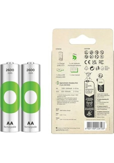 Gp E221 Usb Pil Şarj Cihazı 2 Adet 2600mah Aa Kalem Pilli Set