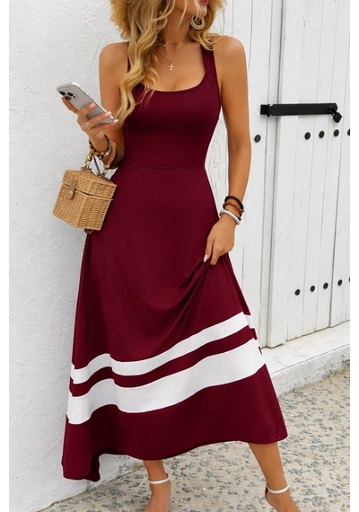Alyn Wear Kadın Askılı Yuvarlak Yaka Asimetrik Şerit Detaylı Uzun Viskon Elbise Bordo