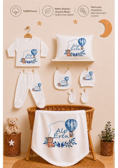 Pia Baby 11 Parça İsme Özel Erkek Bebek Hastane Çıkışı %100 Pamuk Organik Baskılı 100911yx Ekru