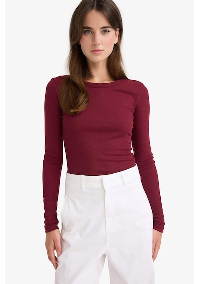 Defacto Slim Fit Dar Kesim Basic Düz Fitilli Kaşkorse Uzun Kollu Tişört E5767ax25aubr115 Bordo