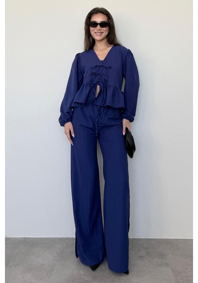 Madmext Lacivert Önü Bağlamalı Bluz Pantolon Takımı Mg2343 Lacivert