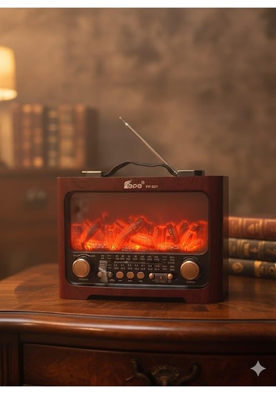 Fp-821 Nostaljik Radyo Şömine Görünümlü Led Işık Fenerli Bluetooth,hafıza Kartı,usb Bellek,aux Ve Radyo Destekli Hoparlör Kızıl Ahşap