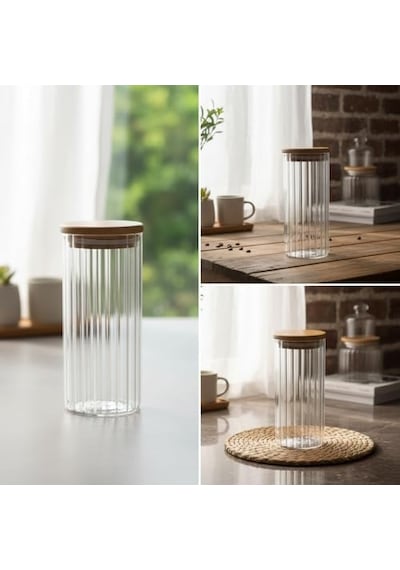 Linie Serisi Bambu Kapaklı Borosilikat Cam Kavanoz - 350 Ml Çizgili Vakumlu Baharatlık, Çay Ve Kahve Saklama Kabı Diğer