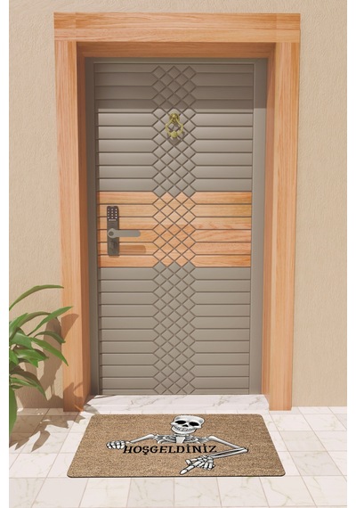 Rugmood Modern Dijtal Baskı Kahverengi Hoşgeldiniz İskelet Kapı Önü Paspası