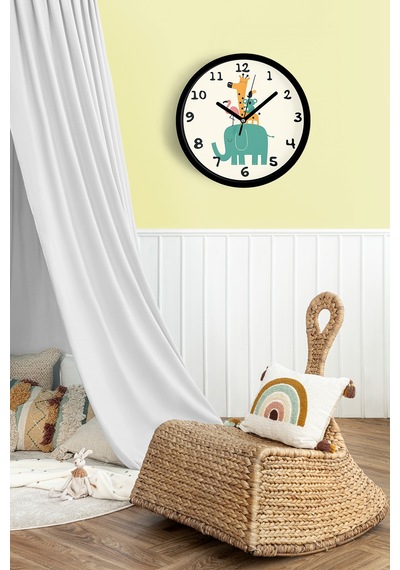 Sevimli Hayvanlar Modern Tasarım Çocuk Odası Duvar Saati - 30cm - Önü Camlı Siyah Kasa-jh0856 Siyah