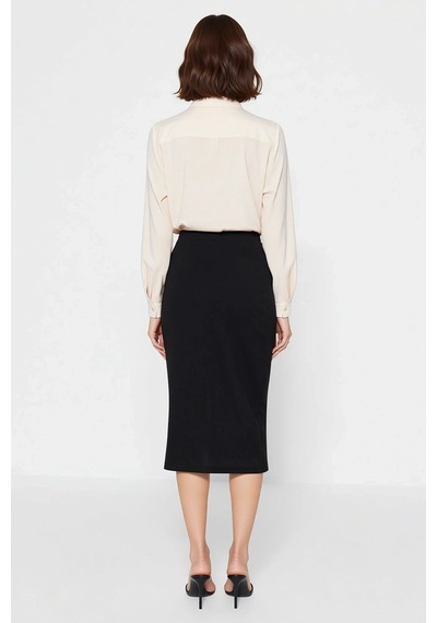 Benerly Kadın Büyük Beden Yüksek Bel Midi Etek Drape Detaylı Yırtmaçlı Kr Siyah