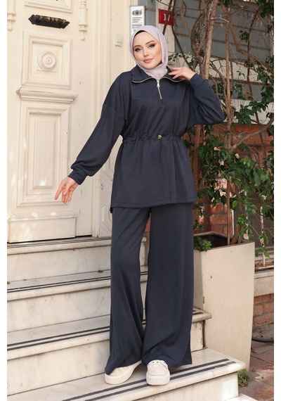 Balenbi Kadın Oversize Kesim Fermuarlı Yaka Bel Stoperli Modal Takım 1234 Füme