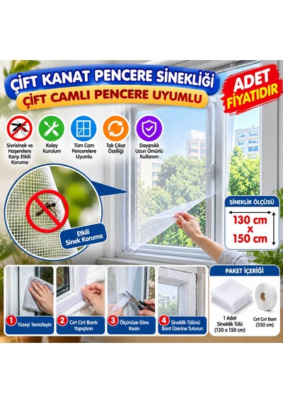 Tüm Cam Pencere Kapılara Uyumlu Çift Kanat Pencere Sinekliği Adet