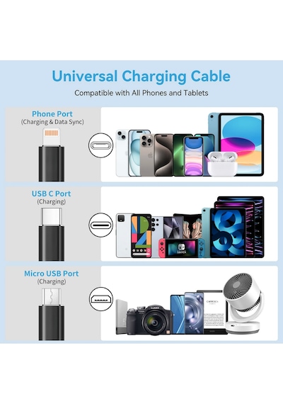 Alfais 6002 Usb To Type-c Micro Usb Lightning Çoklu Şarj Kablosu Universal Makaralı 3'ü 1 Arada