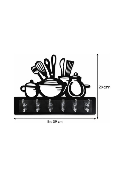 Mutfak Temalı Duvar Askılığı 6 Kancalı Mdf Duvar Askısı 39 X 29 Cm Siyah Siyah
