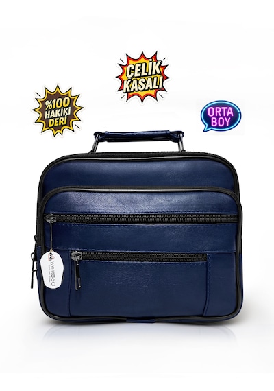 Westbag Erkek Siyah Yatay Model Çelik Kasalı Hakiki Deri El Ve Omuz Çantası Orta Boy Lacivert