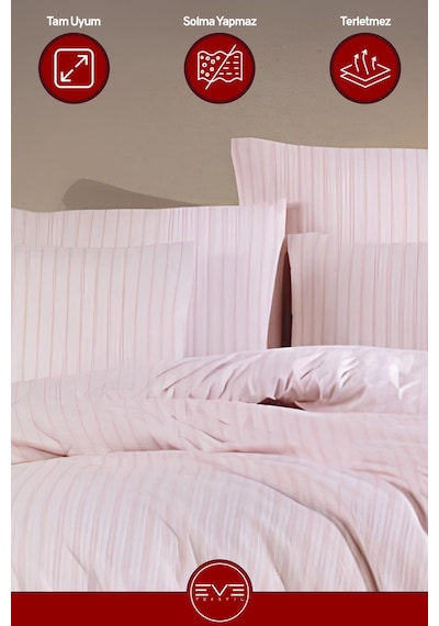 Saten Çizgili Çift Kişilik Lüks Nevresim Takımı Set 200x200 Cm Pembe