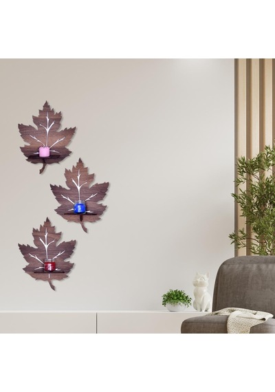 Woodart Dekoratif Doğal Ahşap 3’Lü Çınar Yaprağı Modeli Duvar Raf