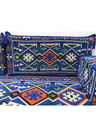 Turkıshrug Kıngdom 10 Cm Süngerli Lüks Şark Köşesi Takımı Mavi Desenli 18 Parça Tam Set - Kilim, Puf Ve Yer Minderi Dahil