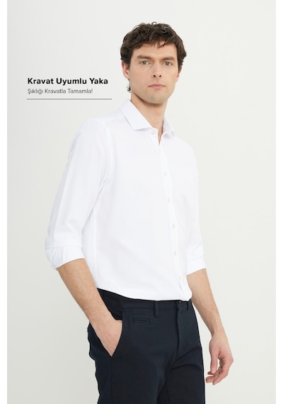 AC&Co / Altınyıldız Classics Erkek BEYAZ Slim Fit Dar Kesim İtalyan Yaka Armürlü Pamuklu Basic Gömlek Beyaz