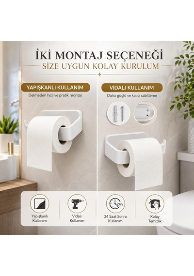 Beyaz Lamalı Tuvalet Kağıtlığı, Wc Kağıt Askılığı, Hem Yapışkanlı Hem Vidalı Montajlı, Açık Uç Tasarımlı Banyo Tuvalet Kağıdı Tutucu