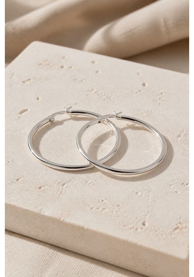 Gümüş Renk 36 Mm Çelik Düz Klasik Halka Küpe - Minimalist Klipsli Halka Küpe